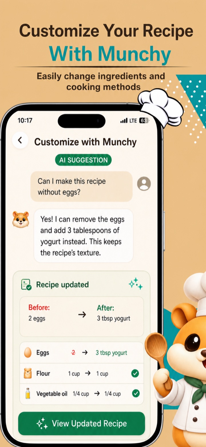 Cheekful AI destekli tarif uyarlama ekranı